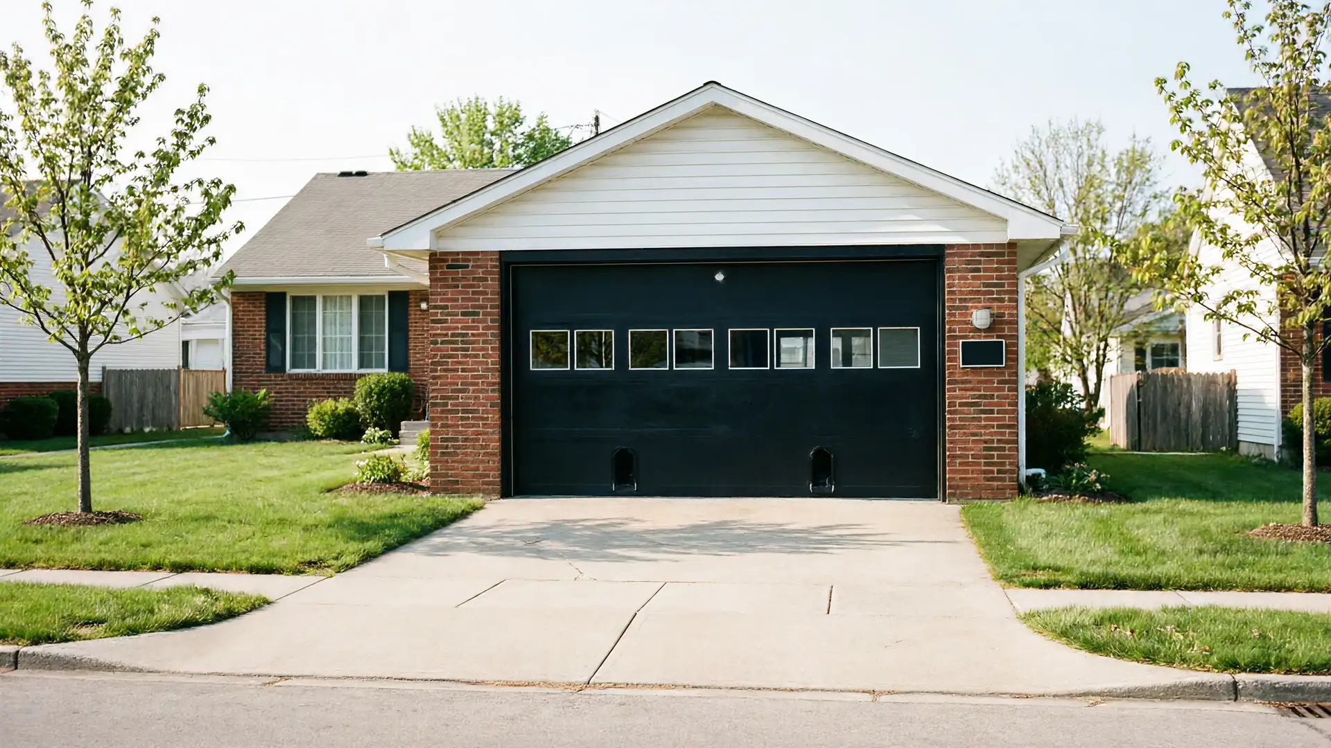 A black garage door with windows is on a brick house with a green lawn.