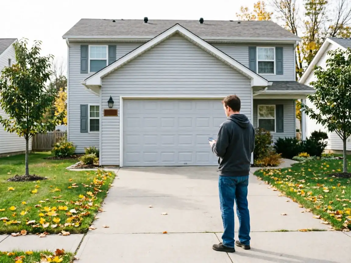 A man stands in a driveway looking at his phone in front of a house.