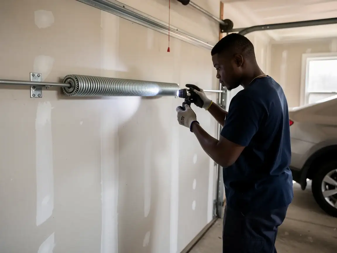 A technician shines a light on a garage door torsion spring.