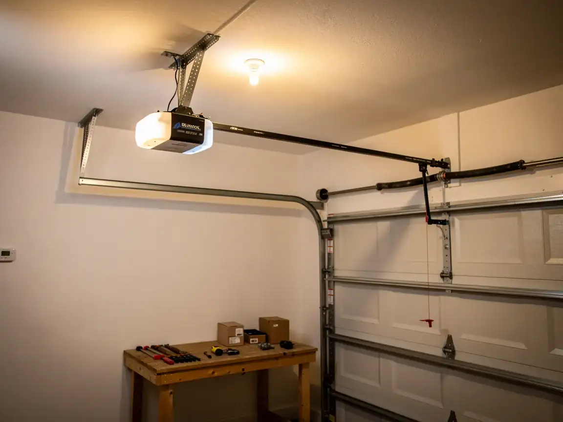 A garage door opener and torsion spring are installed above a white garage door.