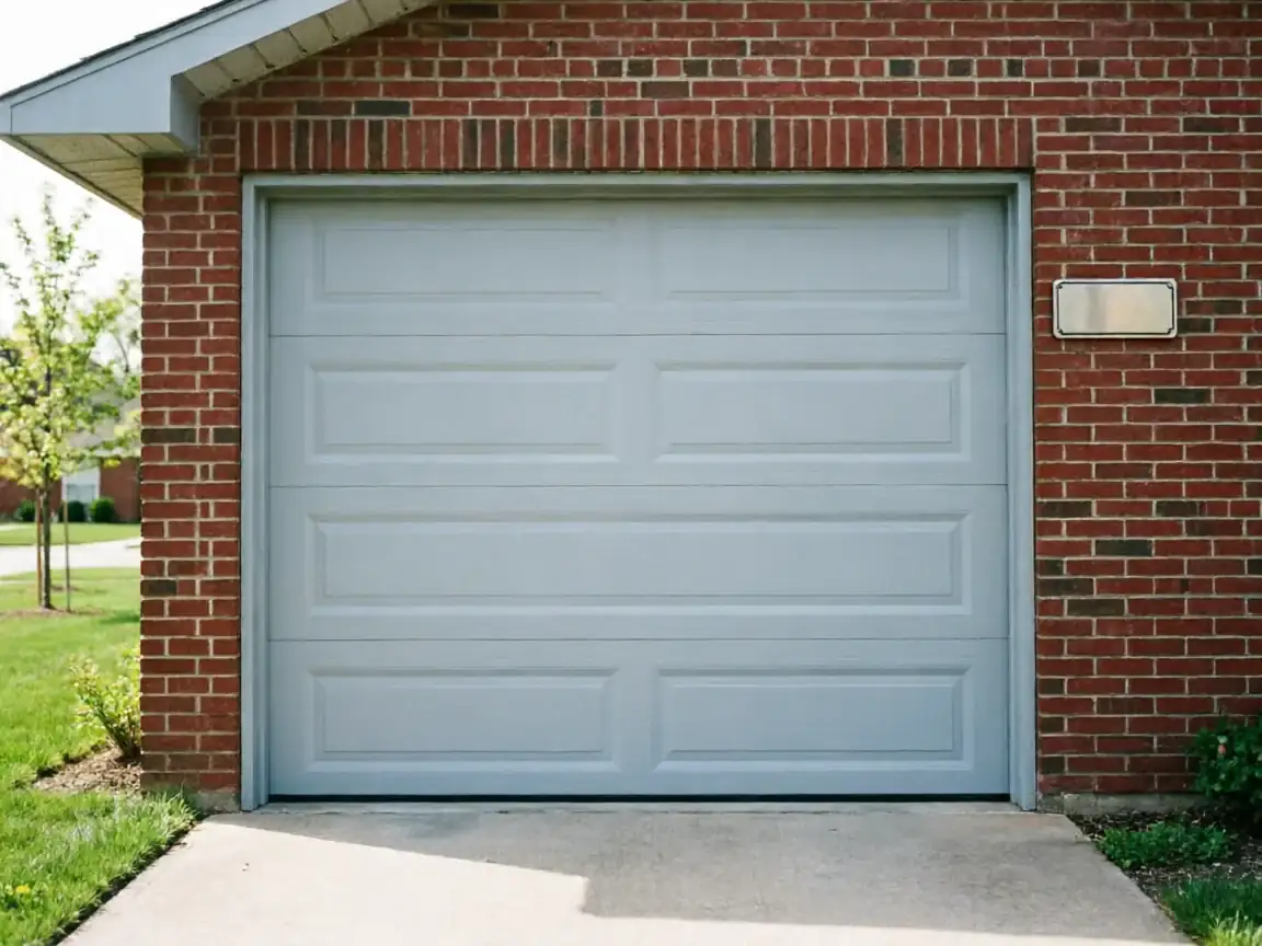 A light gray garage door is set into a red brick house.